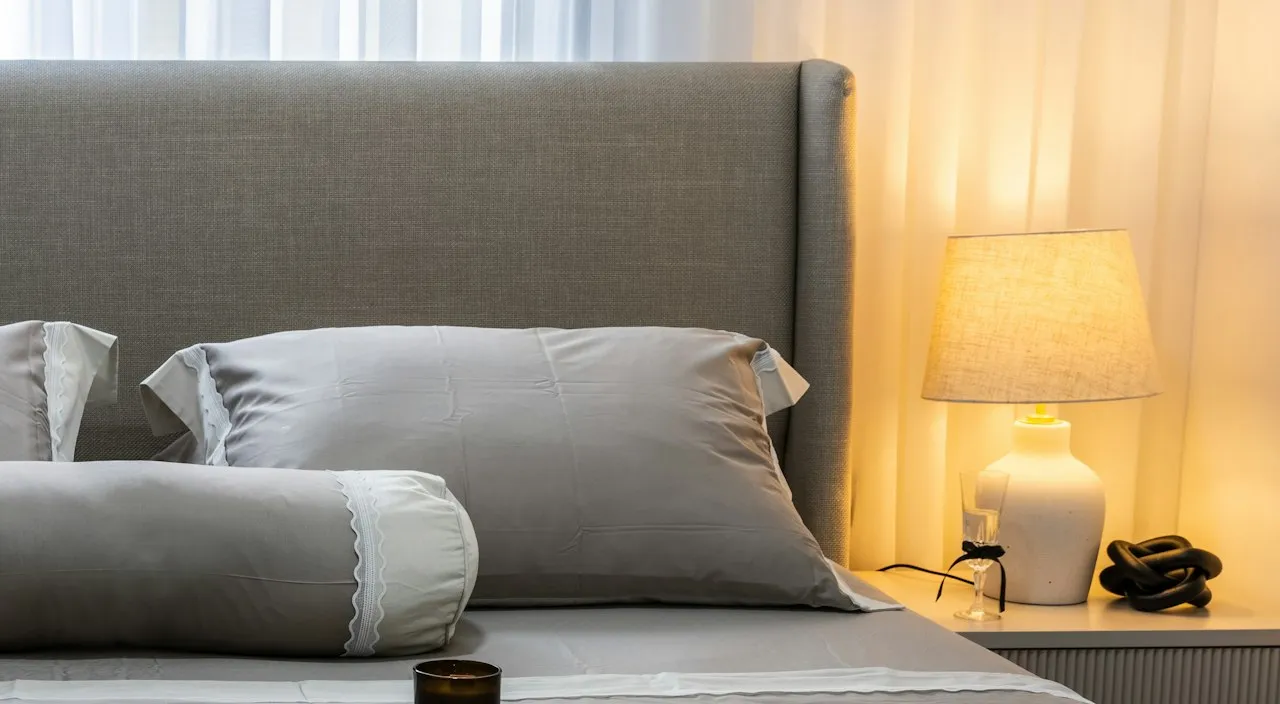 Gray sateen pillowcases with a soft sheen beside a warm table lamp